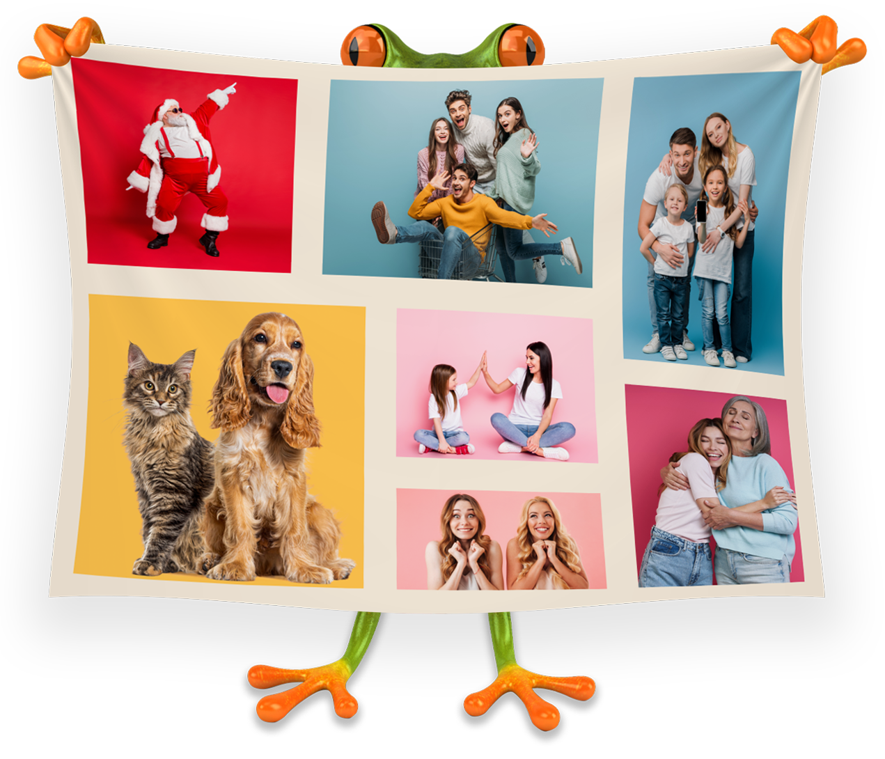 Ein Frosch hält eine Fotodecke mit einer Fotocollage hoch Ein Frosch hält eine Fotodecke mit einer Fotocollage hoch